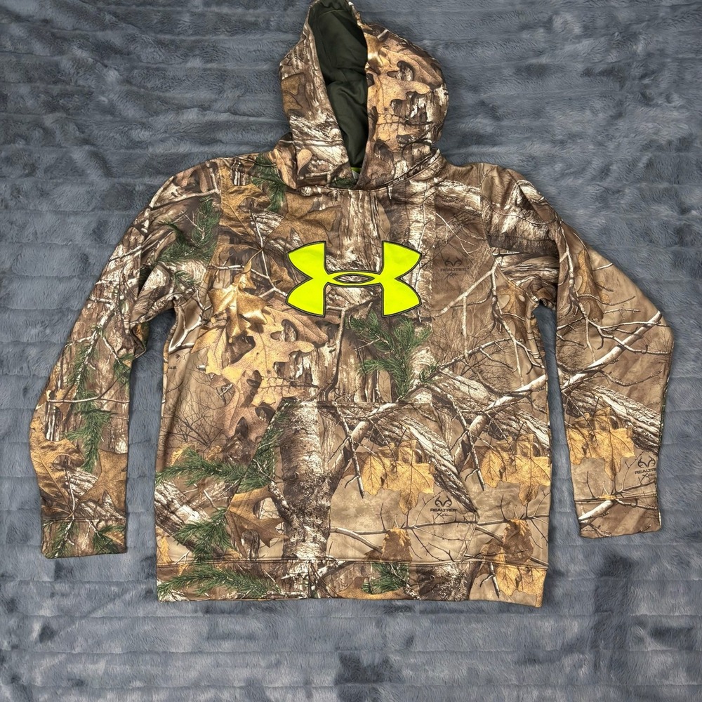 Under Armour Kids Realtree Xtra Camo Hoodie Neon Yellow Logo YXL Sweatshirt